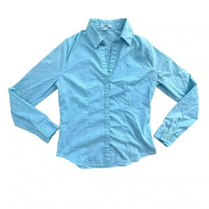 Women's Size Small Long Sleeve Button Down Shirt Blouse Blue business casual